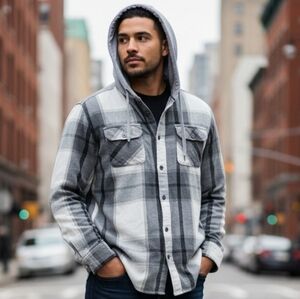 Gray and Black Checkered Hooded Shirt